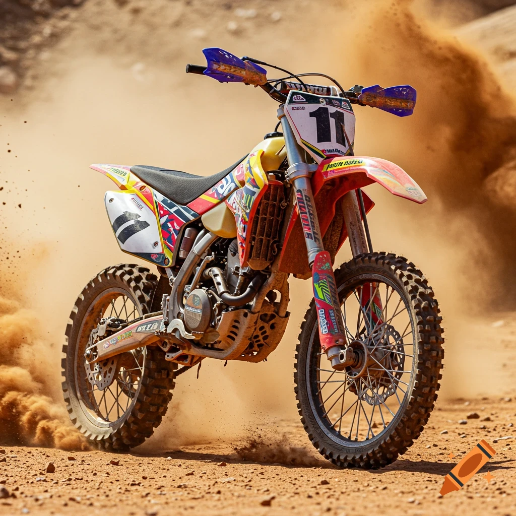 A red and yellow dirt bike with the number 11 kicks up dust on a sandy track under a bright sky.