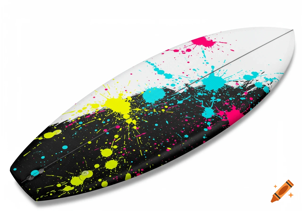 A white and black surfboard with vibrant neon pink, yellow, and blue paint splatters.