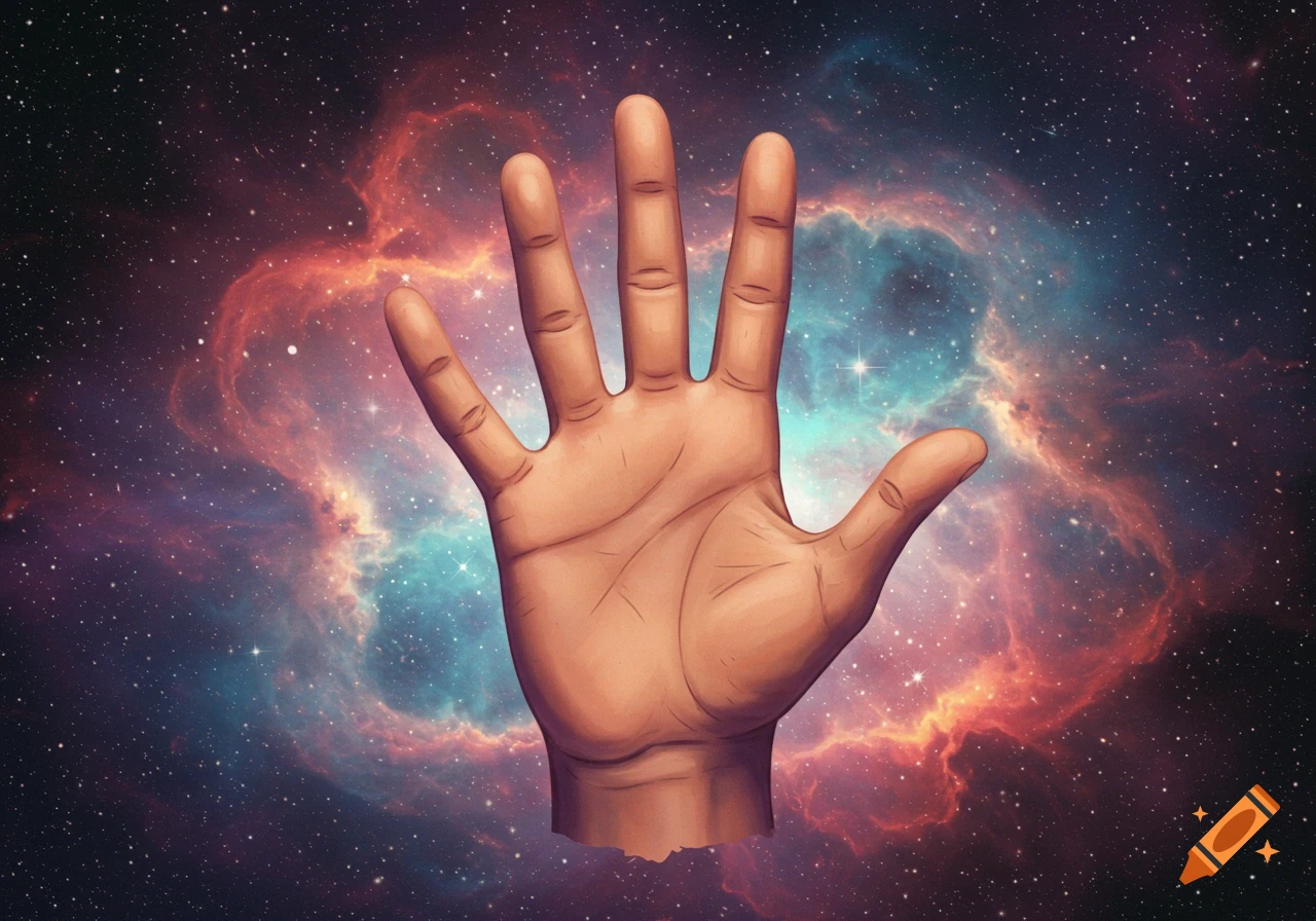 A human hand with five fingers outstretched against a vibrant nebula and starfield.