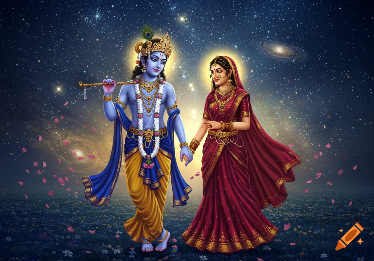 Vibrant illustration of blue-skinned Krishna with flute and Radha in red sari, holding hands, walking under a starry sky.