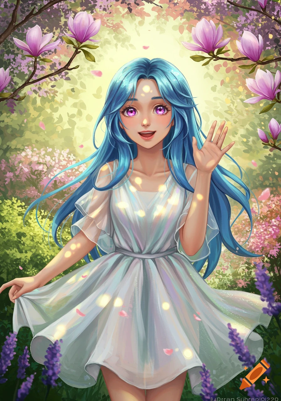 Smiling anime girl with long blue hair and pink eyes in a white dress, waving in a vibrant garden with pink and purple flowers.
