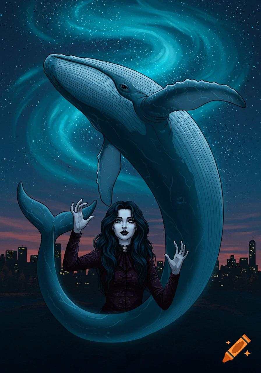 An illustration of a goth woman reaching towards a large blue whale under a starry night sky with aurora lights and a distant city skyline.