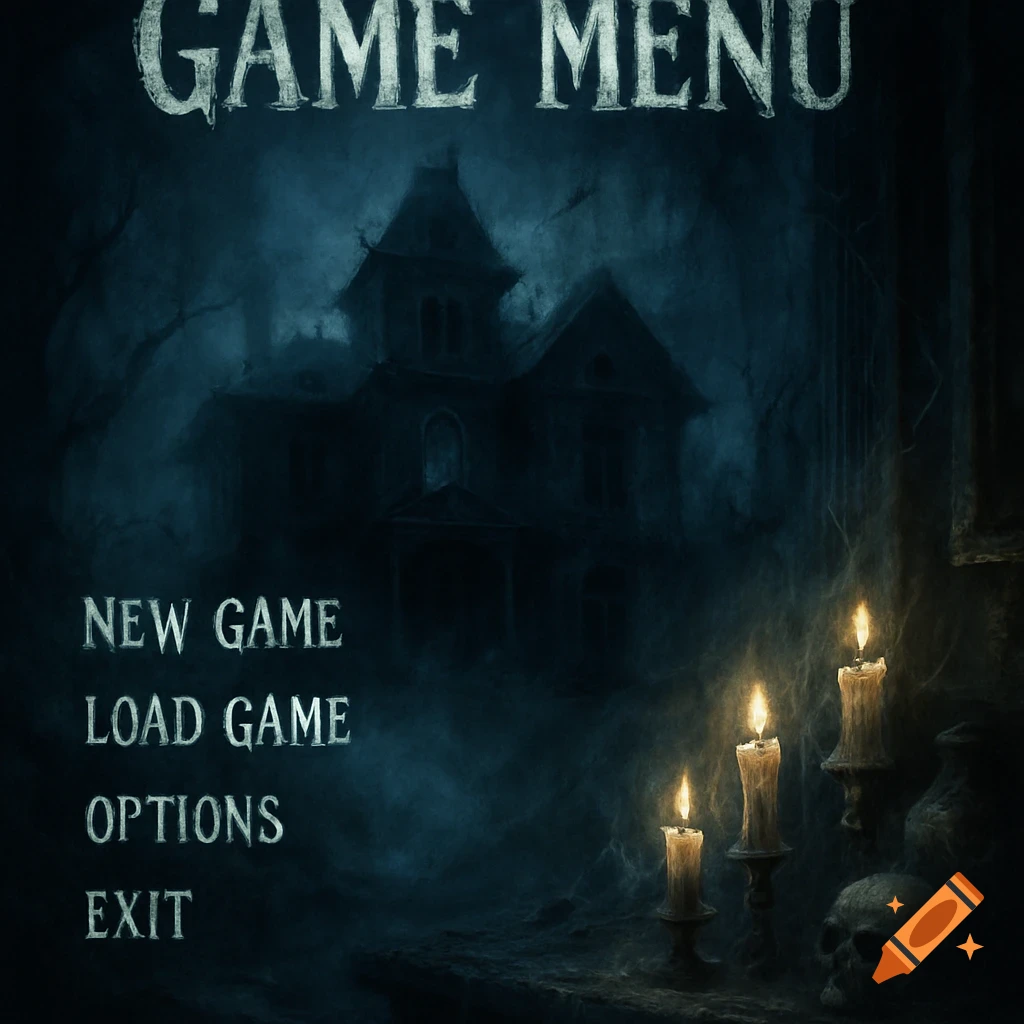 Dark, atmospheric game menu screen with a haunted house in the background, lit candles, and a skull. Text reads "GAME MENU", "NEW GAME", "LOAD GAME", "OPTIONS", "EXIT".