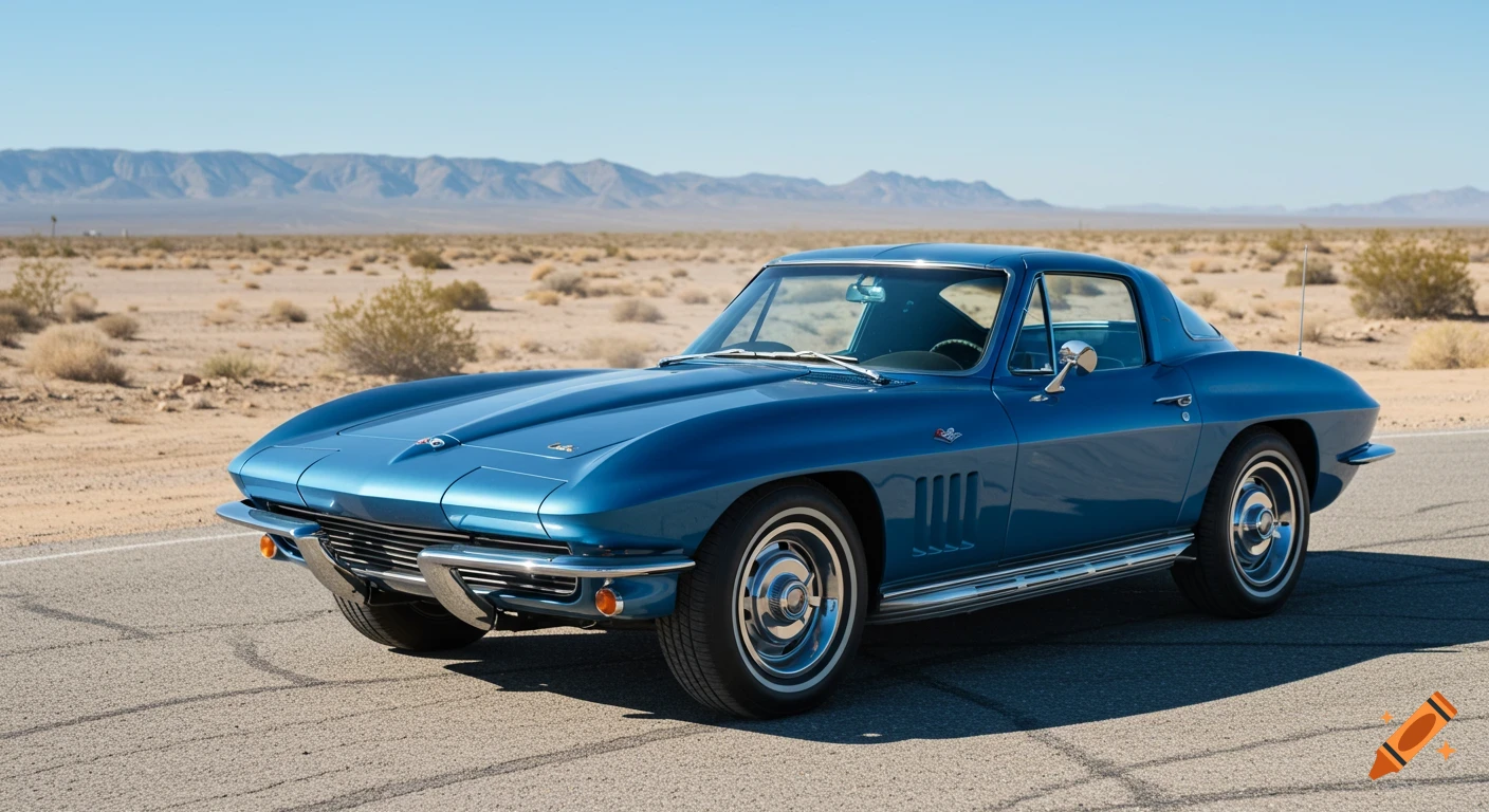 A blue 1963 Chevrolet Corvette Stingray with white wall tires parked on a desert road with mountains in the background.