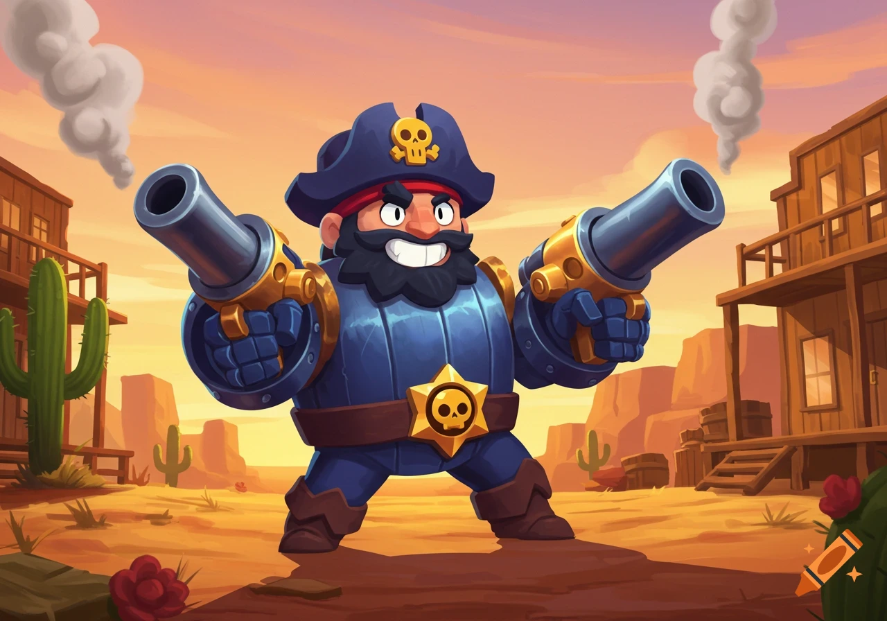 A stylized cartoon pirate character with a beard, hat, and two large guns stands in a western desert town.