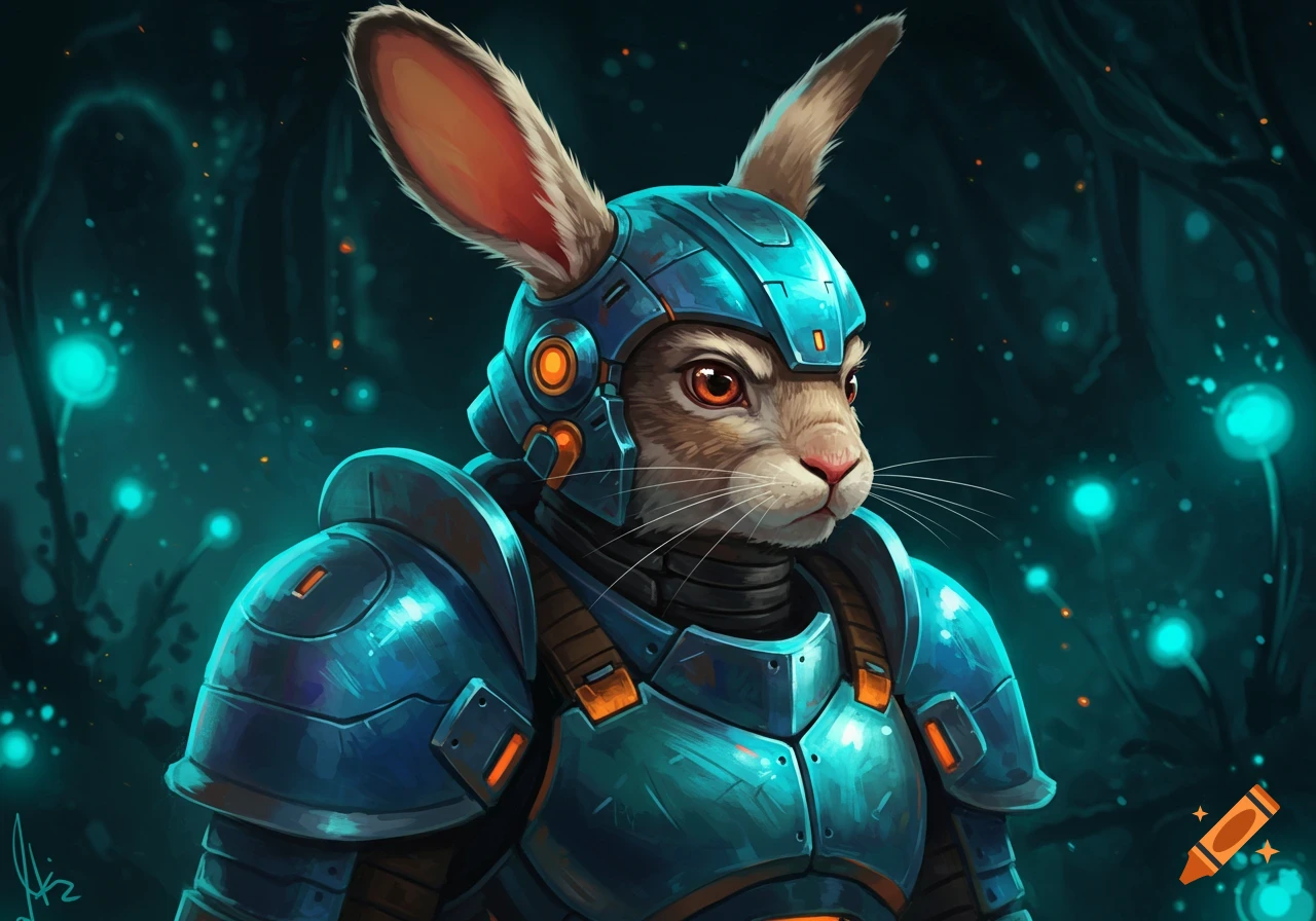 An anthropomorphic rabbit in blue power armor looks right, against a dark sci-fi forest background with glowing teal lights.