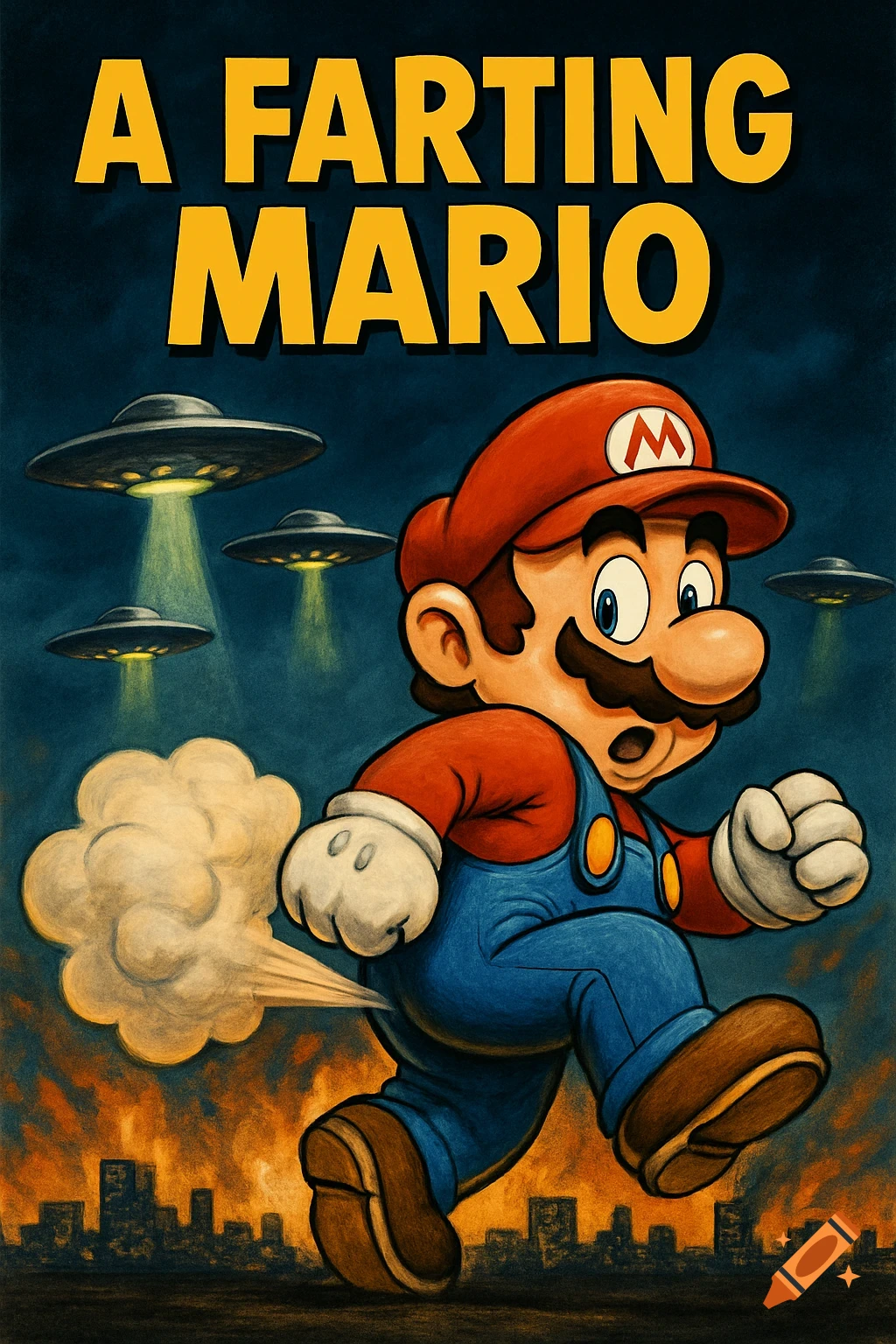 Cartoonish movie poster of Mario running and farting, with four UFOs beaming down light over a burning city in the background.