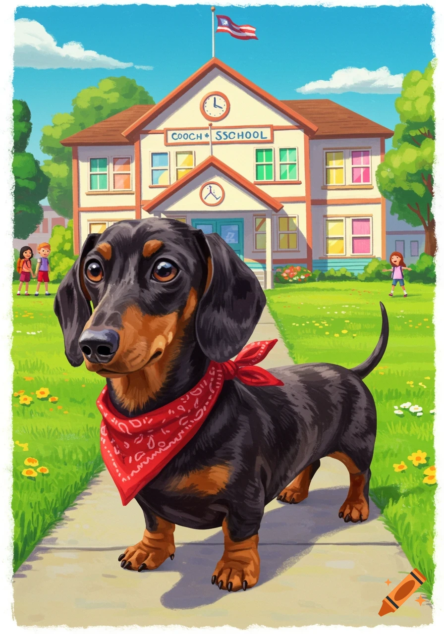 A colorful illustration of a black and tan dachshund wearing a red bandana, standing on a sidewalk in front of a school building with children.