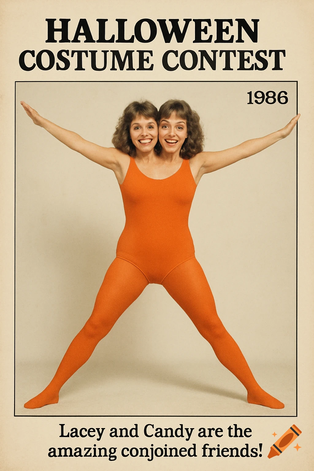 A vintage poster advertising a 1986 Halloween Costume Contest features two smiling women conjoined into one body wearing an orange leotard.