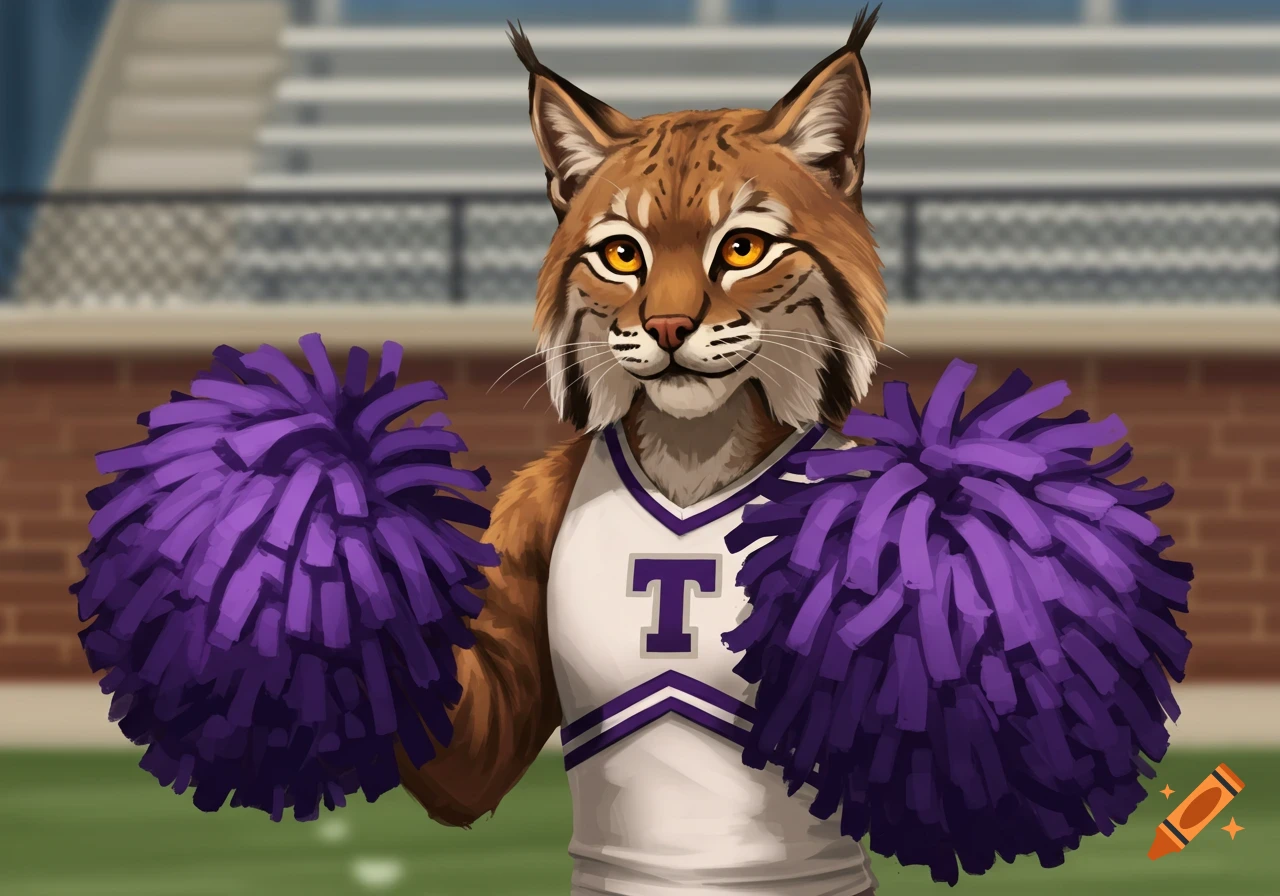 A bobcat mascot in a white and purple cheerleader uniform holding purple pom-poms on a sports field.