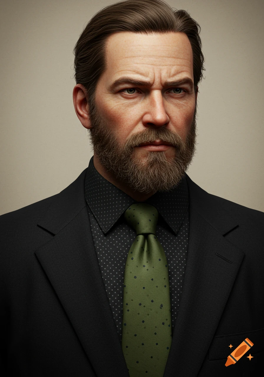 Photorealistic portrait of a bearded white man with a serious expression, wearing a black suit, polka dot shirt, and olive green tie.