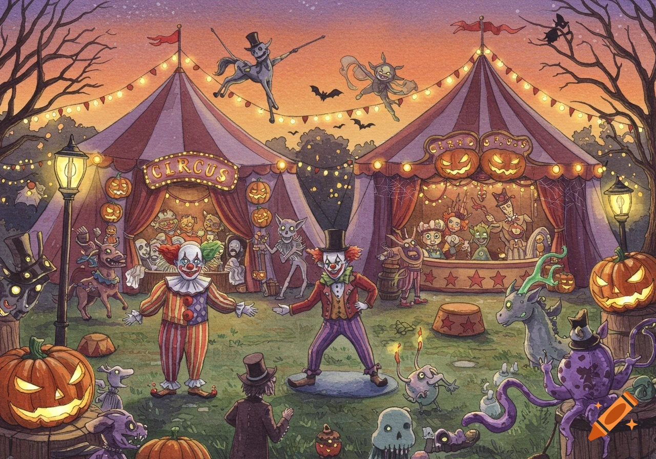 Watercolor painting of a Halloween-themed circus at dusk with clowns, monsters, tents, and carved pumpkins.