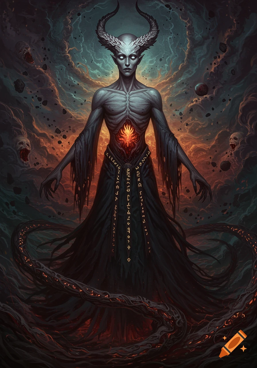 A horned, gaunt figure with glowing eyes and a fiery core, wearing a rune-covered dark robe, stands in a cosmic, stormy abyss with skulls.
