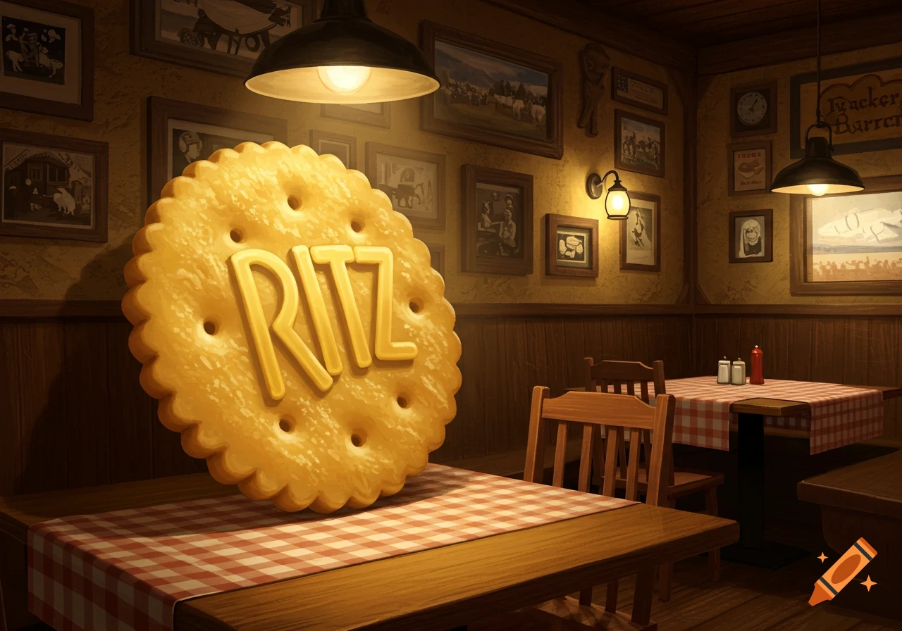 A giant Ritz cracker sits on a red and white checkered table in a cozy, wood-paneled restaurant with framed pictures on the wall, in a digital art style.