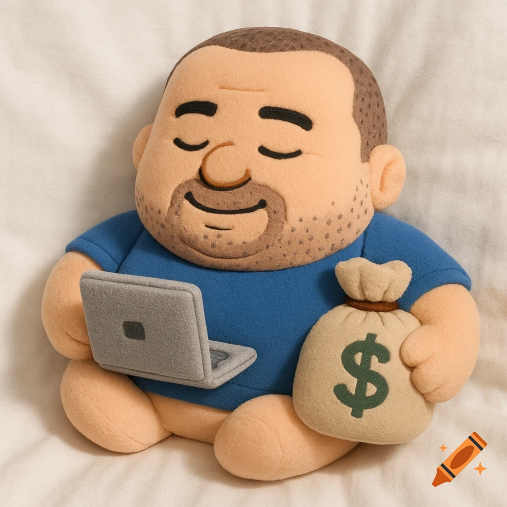 A chubby plushie resembling a man with a buzz cut and stubble, wearing a blue shirt, holding a laptop and a money bag with a dollar sign.