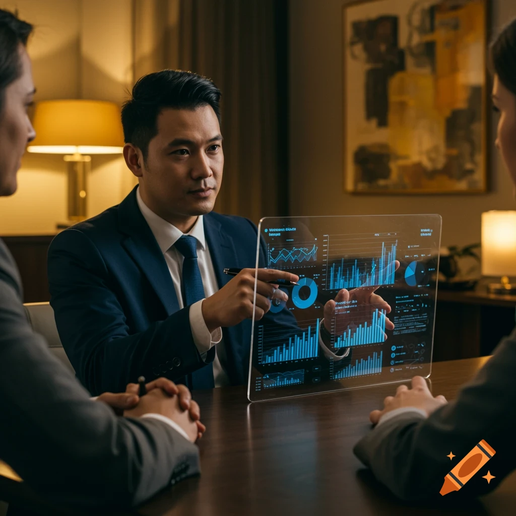 A man in a suit points at a holographic screen displaying charts and graphs in a business meeting.