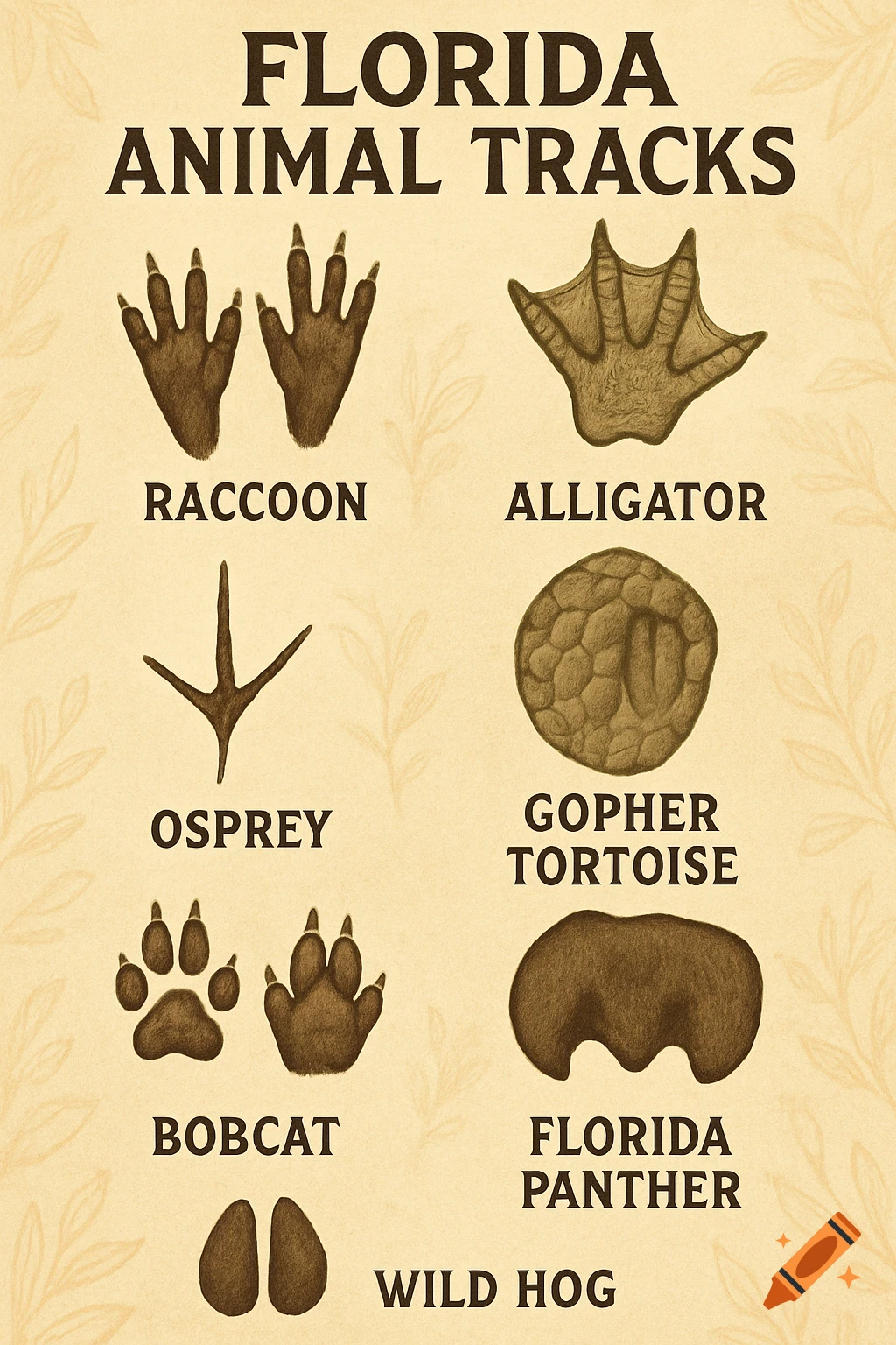 A brown and beige educational graphic titled 'Florida Animal Tracks' with illustrations of animal footprints and their names.