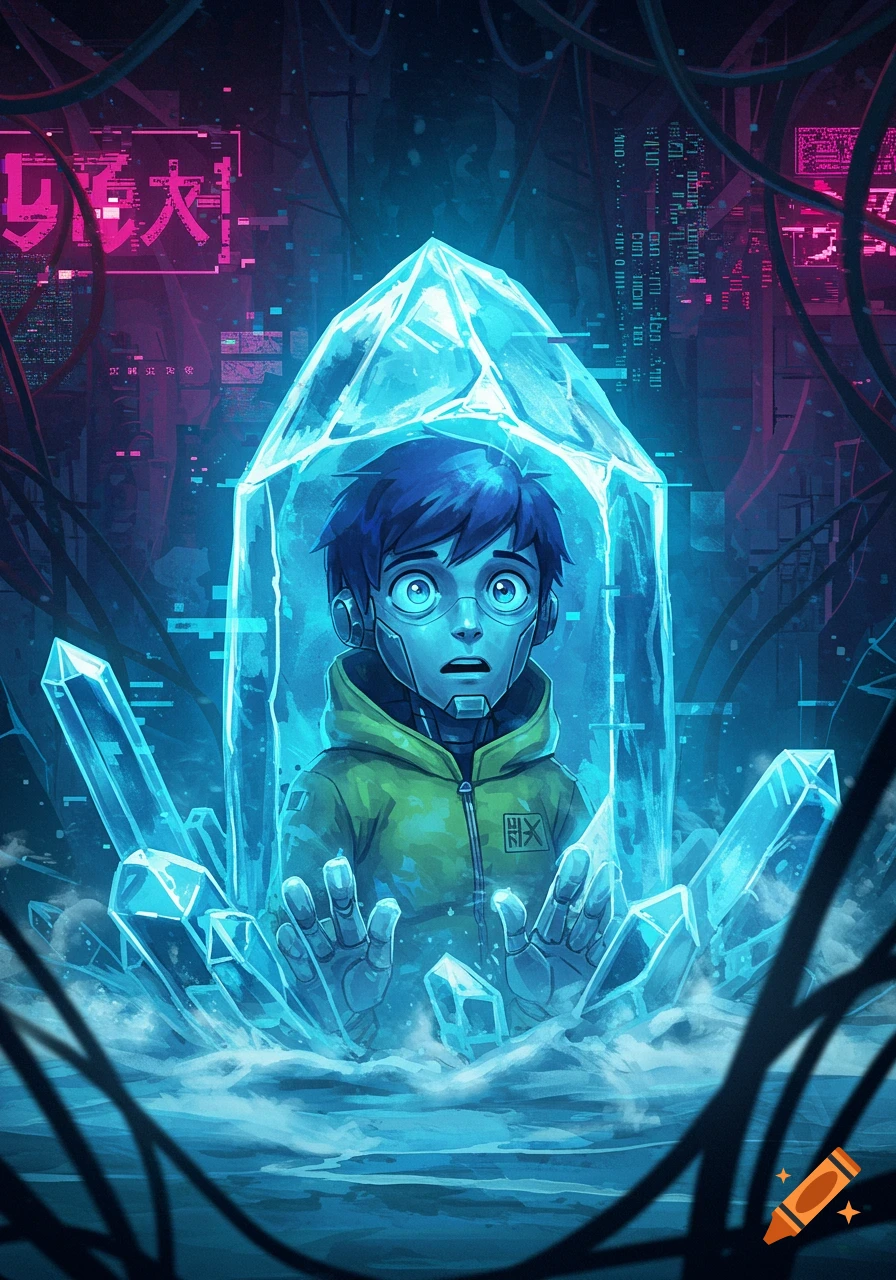 A cartoon boy with blue hair and glasses, Milo from Glitch Techs, is trapped inside a glowing blue crystal in a futuristic, neon-lit cityscape.