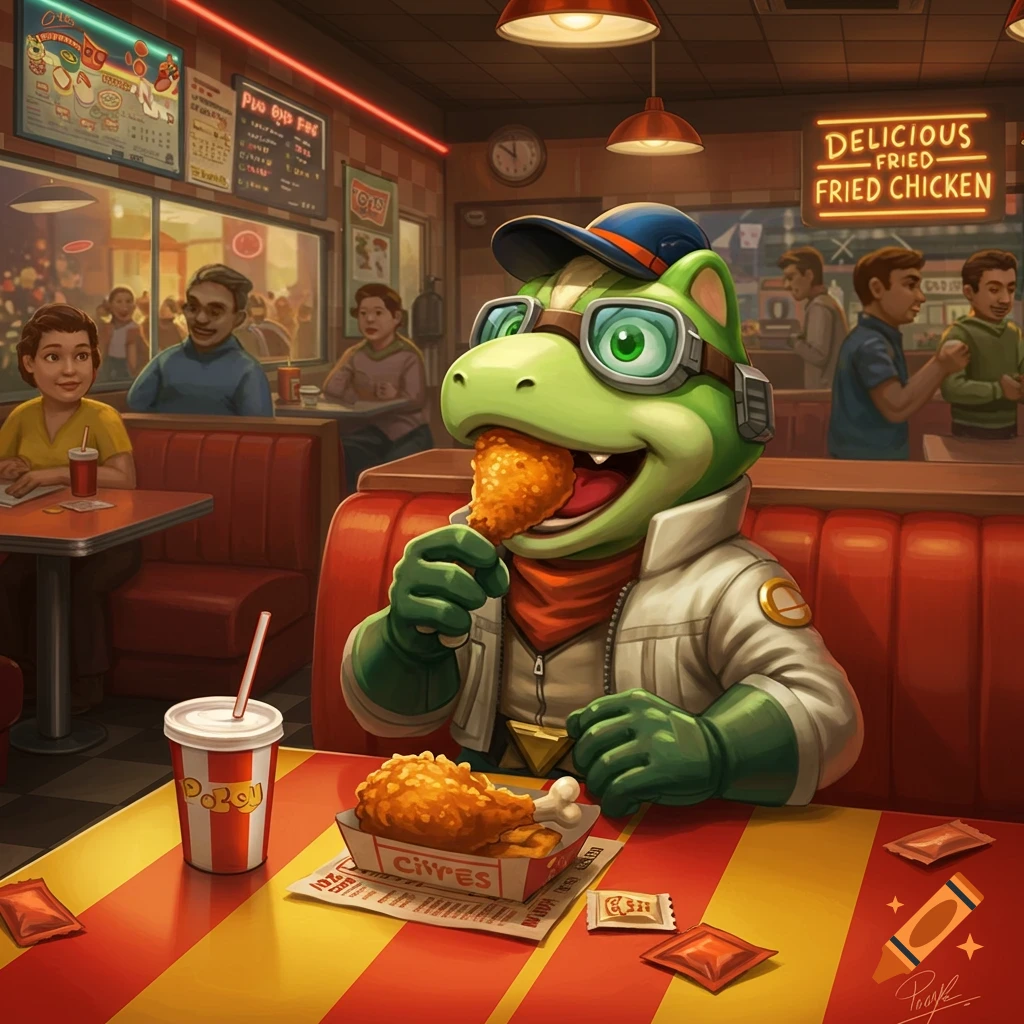 An anthropomorphic green frog-like character, resembling Slippy Toad, in a pilot jacket and goggles, happily eats a piece of fried chicken at a diner booth. Fried chicken and a soda are on the table in front of him. Neon signs and other patrons are in the background.