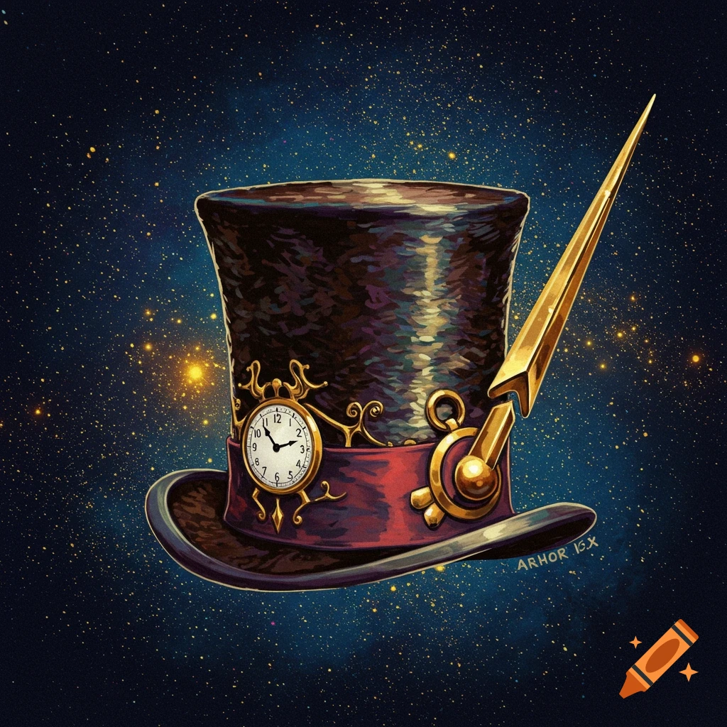 A whimsical, dark top hat featuring a golden pocket watch and a sharp quill-like adornment, set against a twinkling starfield.