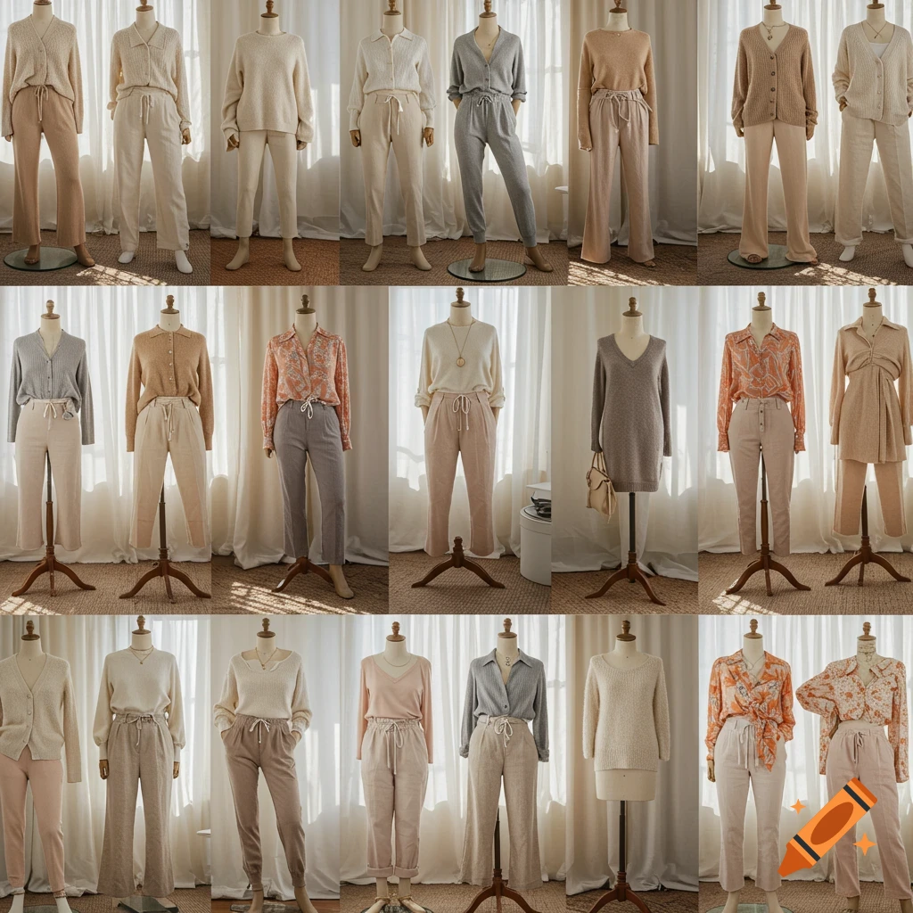 A grid of 18 mannequins displaying various work-from-home outfits including sweaters, cardigans, blouses, and trousers in neutral and pastel colors.