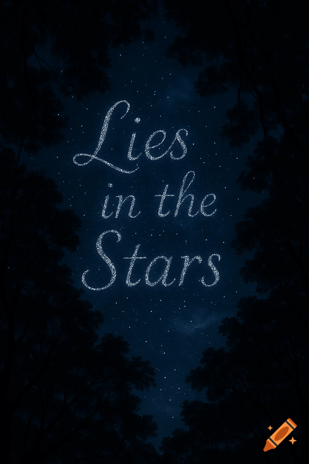 The book title 'Lies in the Stars' in shimmering letters against a starry night sky, framed by dark trees.