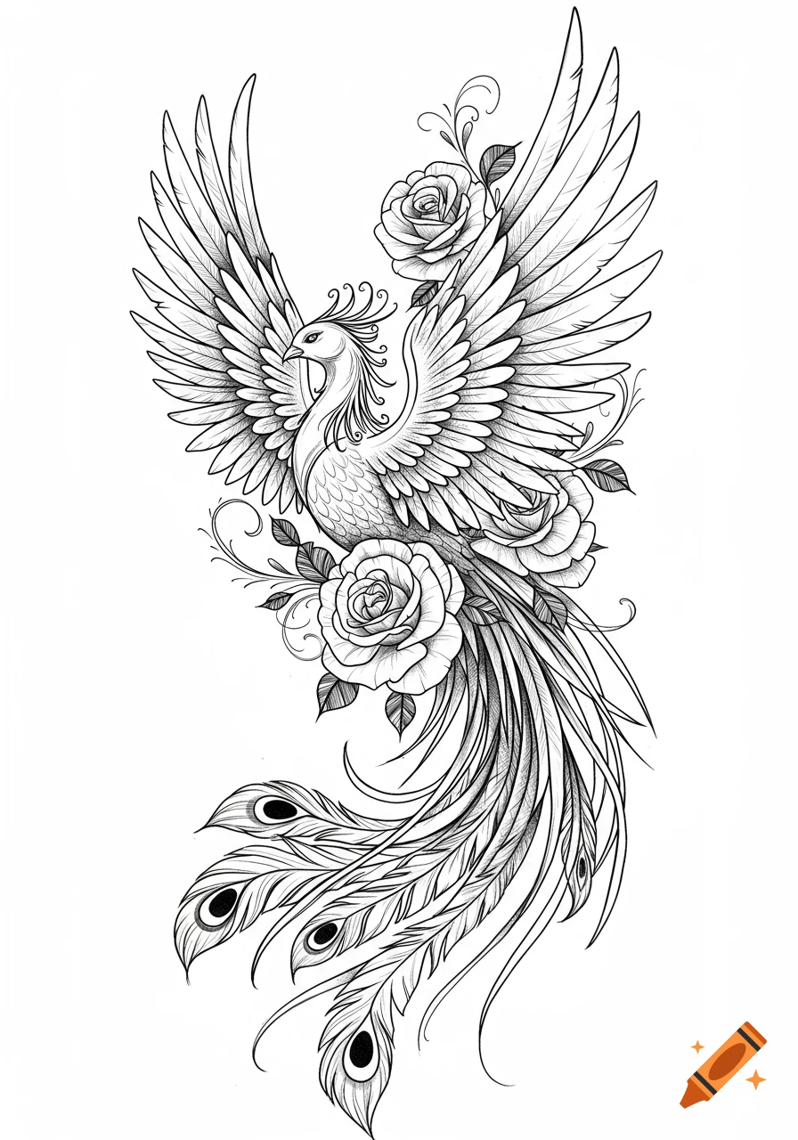 Detailed blackwork tattoo design of a phoenix in flight with spreading wings and a long tail, surrounded by roses and swirling vines.
