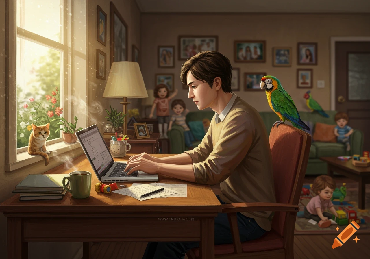 Man working on laptop at desk with a cat on the windowsill, parrots on his chair and in the background, and children playing in a sunlit living room.