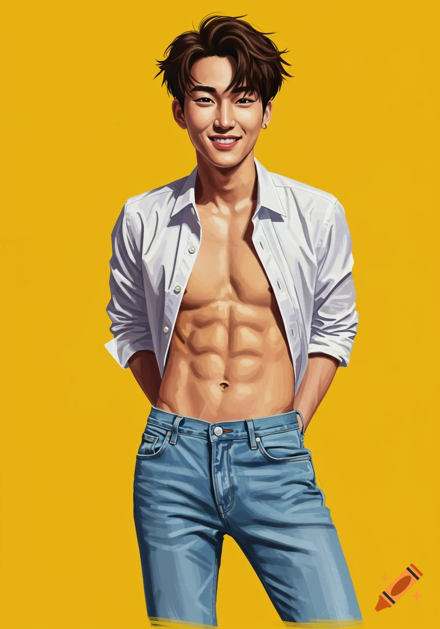 A smiling man with dark hair, an unbuttoned white shirt, and blue jeans, revealing his abs, stands against a bright yellow background in an illustration.