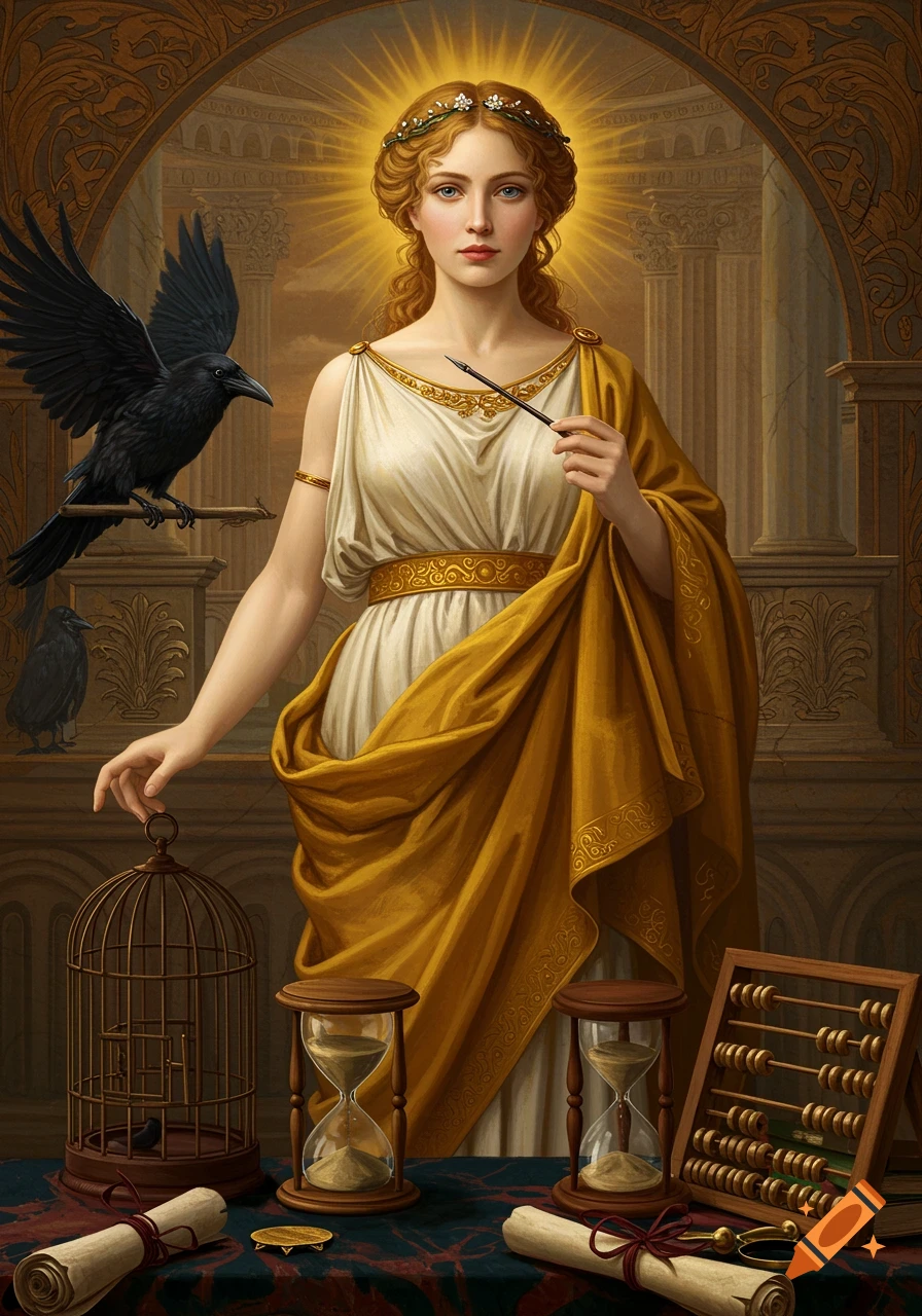 A beautiful Roman-style goddess, Admina, stands with a quill, surrounded by her symbols: a raven, hourglasses, an abacus, scrolls, and a birdcage.