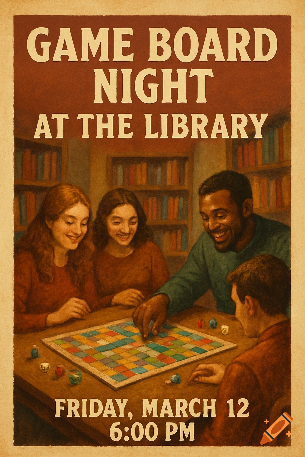 A vintage-style flyer shows four smiling people playing a board game in a library. Text reads 'GAME BOARD NIGHT AT THE LIBRARY FRIDAY, MARCH 12 6:00 PM'.