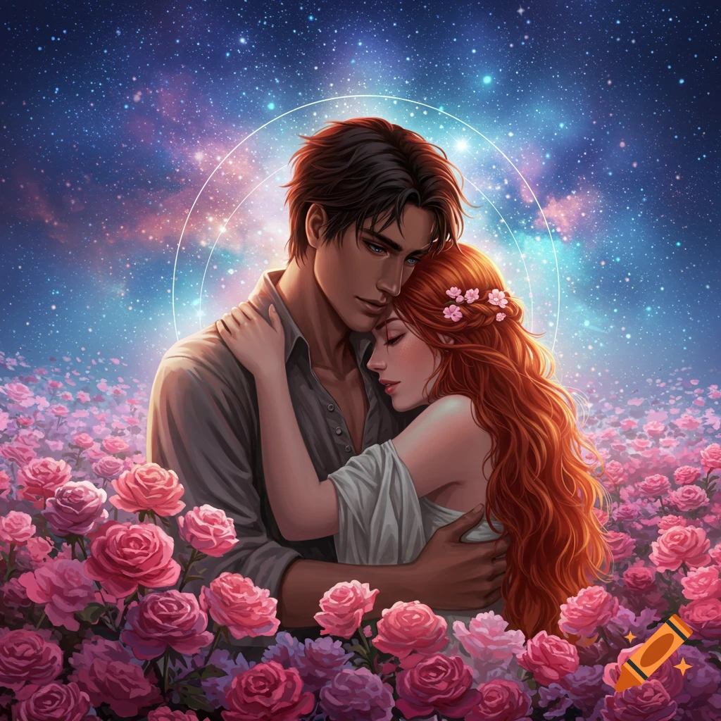 A romantic couple embraces in a field of pink roses under a starry, cosmic night sky, with a luminous halo around their heads.