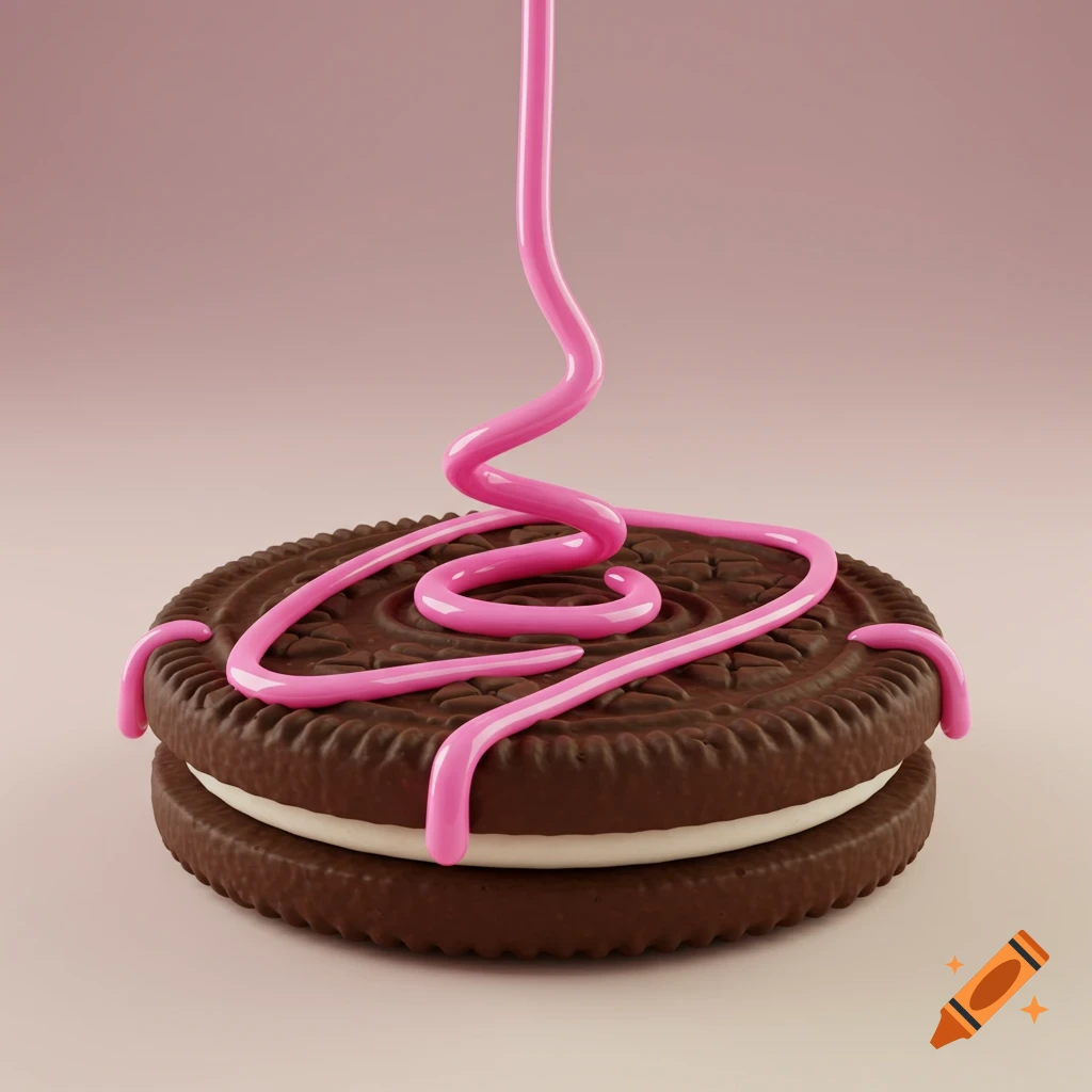 A chocolate sandwich cookie with white cream filling has bright pink frosting drizzling onto it, creating a swirl on top.