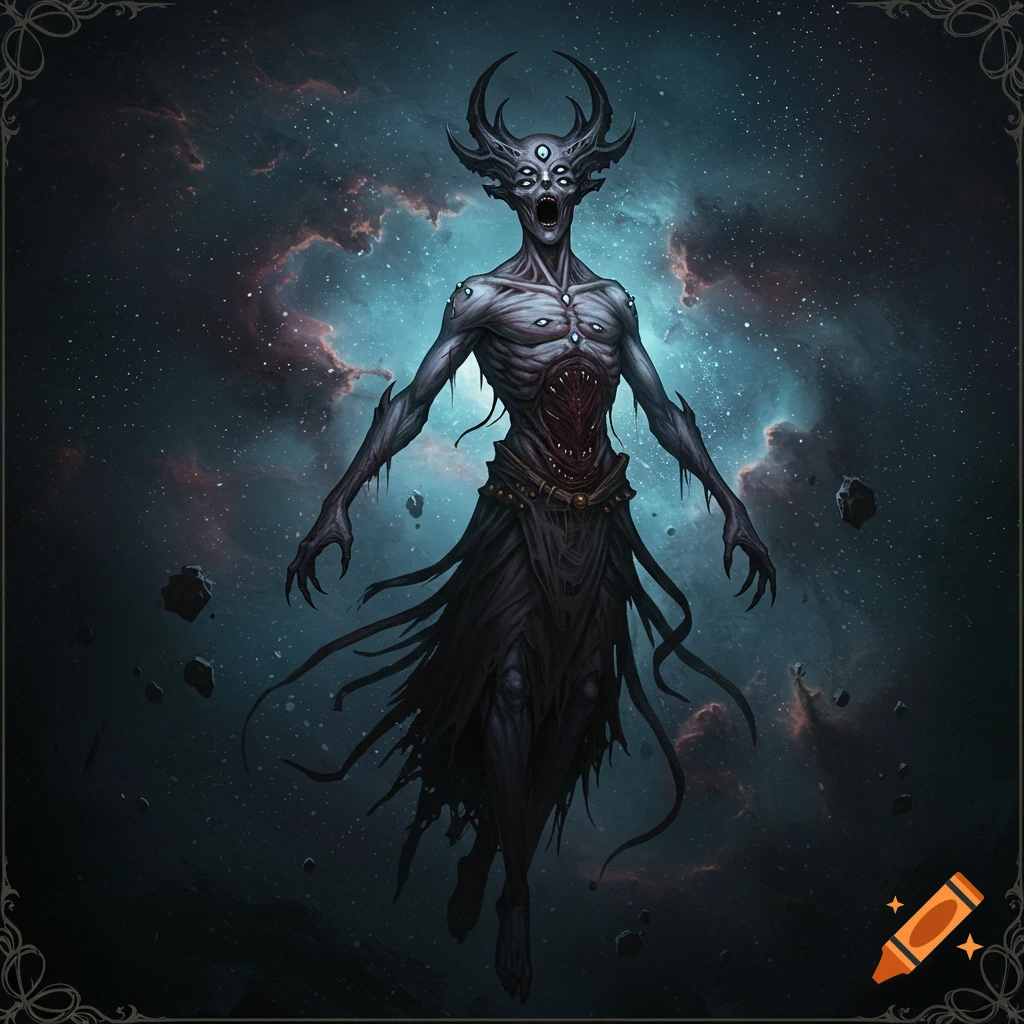 A creepy, slender, horned creature with multiple eyes and a gaping maw in its chest floats in a dark cosmic sky.