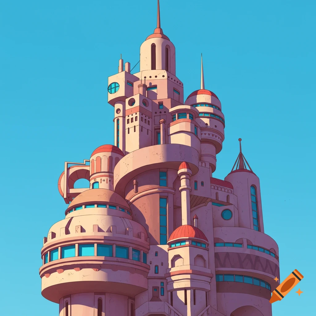 A stylized pink postmodern tower featuring various circular and square architectural elements under a clear blue sky.