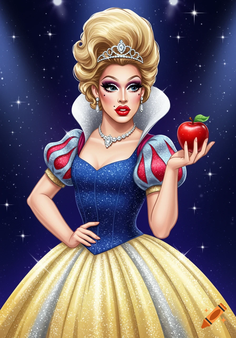 A stylized illustration of a drag queen dressed as Snow White, holding a red apple against a dark, starry background.
