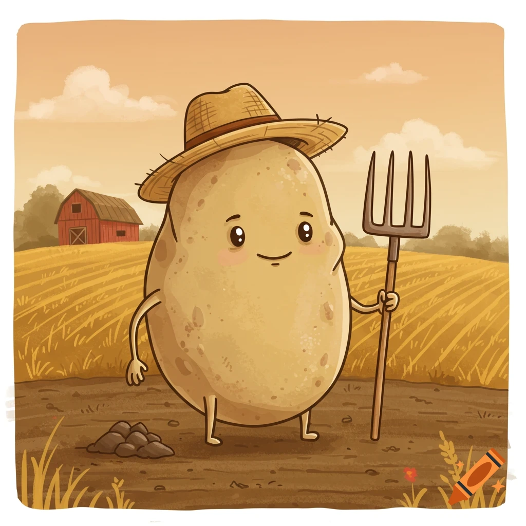 A friendly cartoon potato wearing a straw hat and holding a pitchfork stands in a farm field with a red barn in the background.