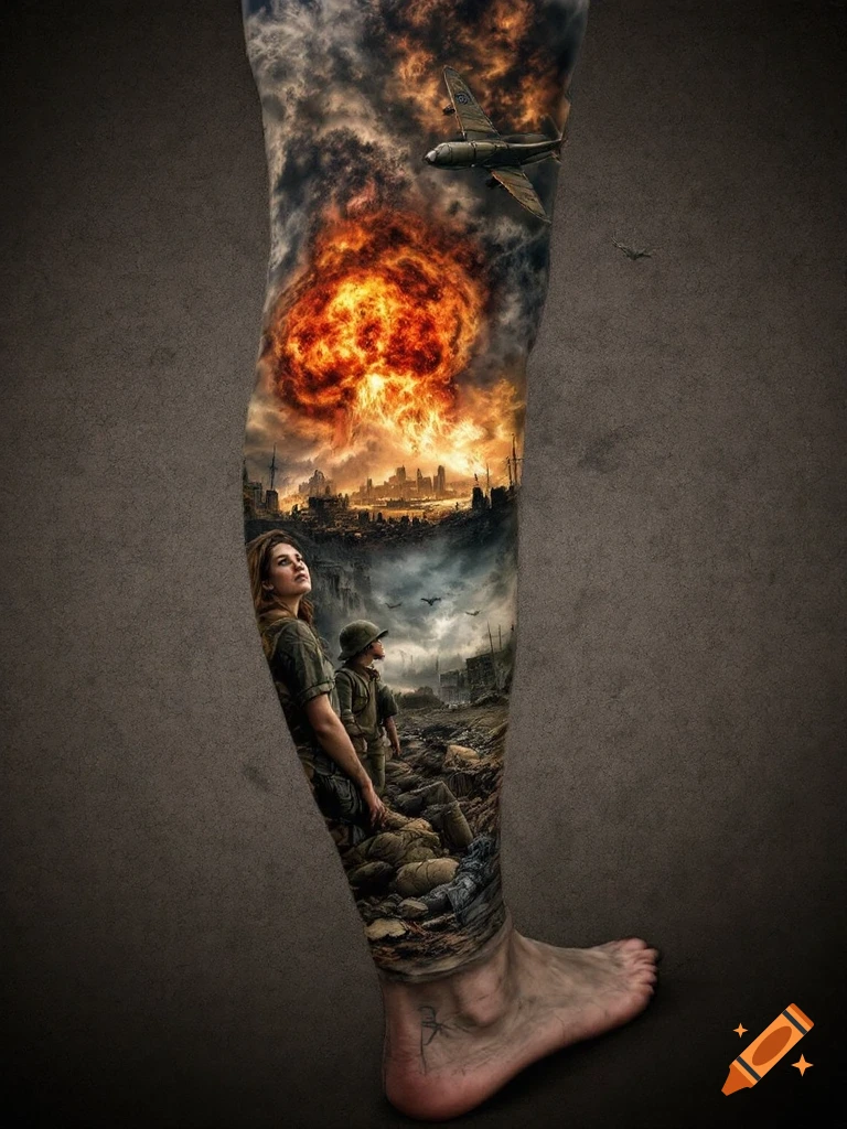 A full leg tattoo depicting a detailed war scene with an explosion, destroyed city, soldiers, and an airplane flying overhead, set against a dark background.