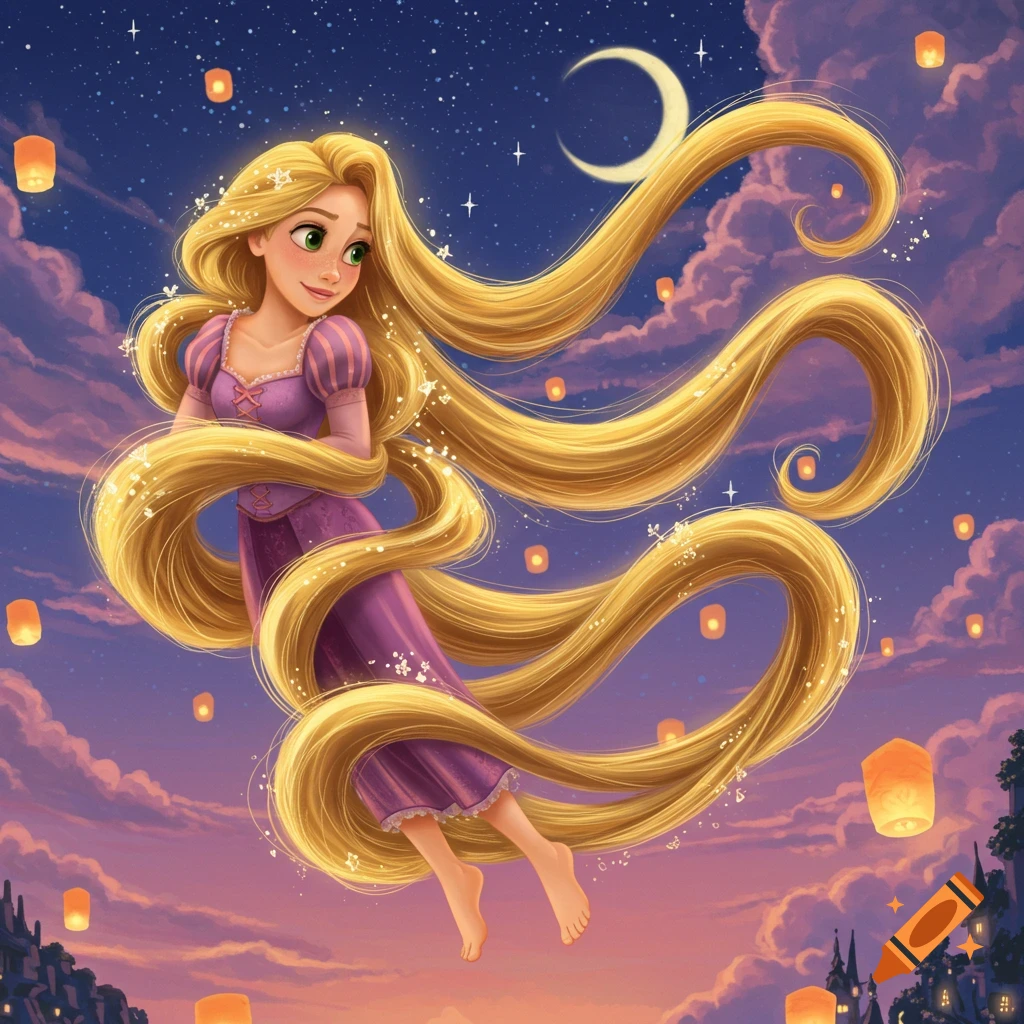 Rapunzel floats in a starry night sky with glowing lanterns, her long golden hair flowing around her, against a purple and orange cloudy horizon.