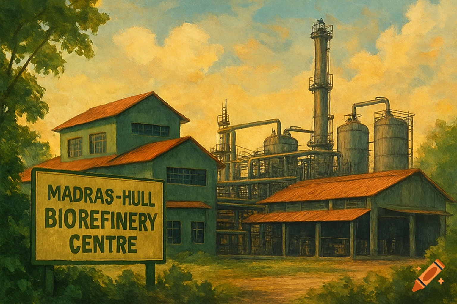 A painterly image of the Madras-Hull Biorefinery Centre, featuring industrial buildings and machinery under a cloudy sky.