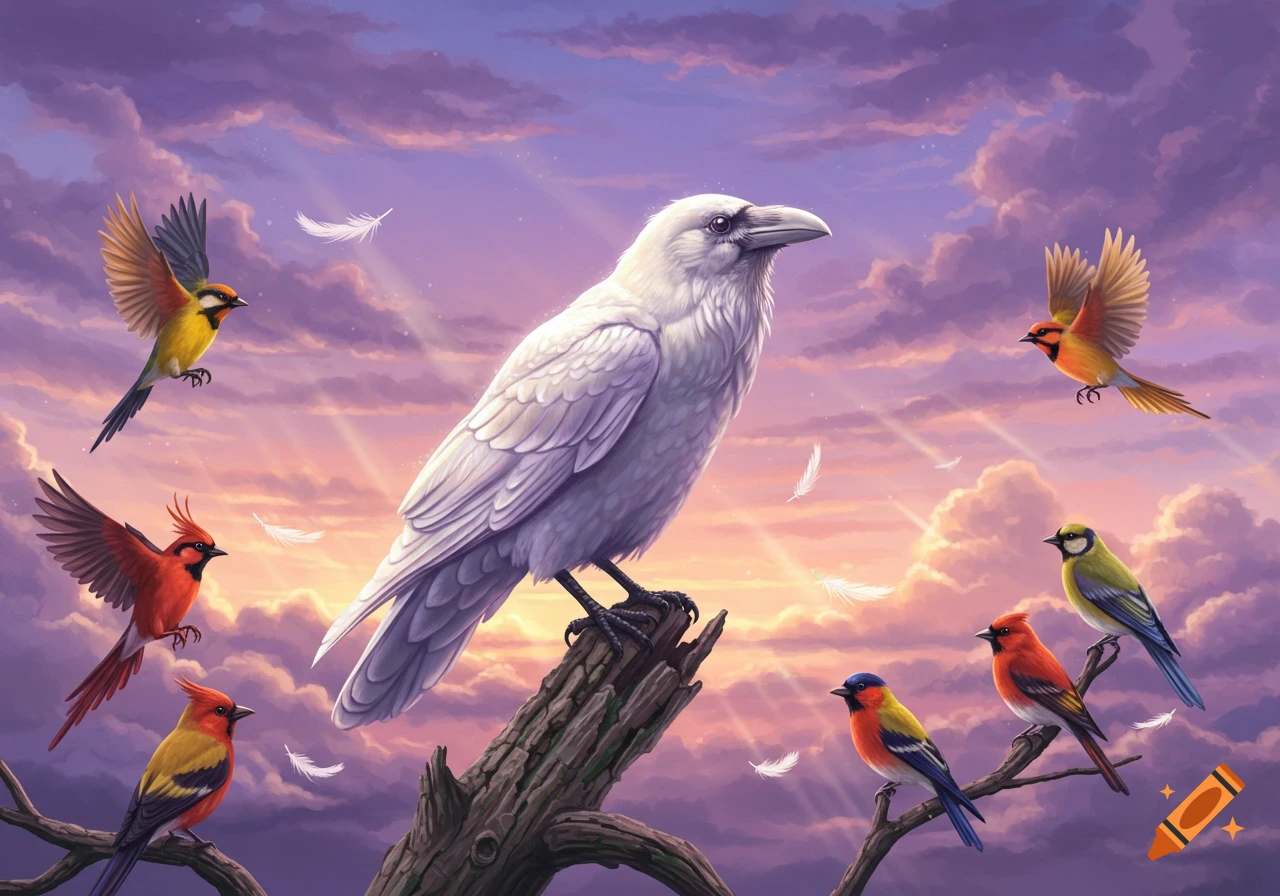 A majestic white raven on a branch, surrounded by several vibrantly colored birds in a purple and pink sky with light rays and floating feathers.