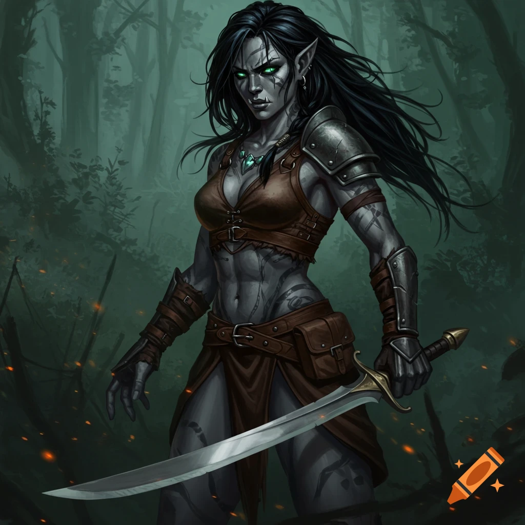 A female half-orc rogue with grey skin and green eyes stands in a dark forest, holding a scimitar.