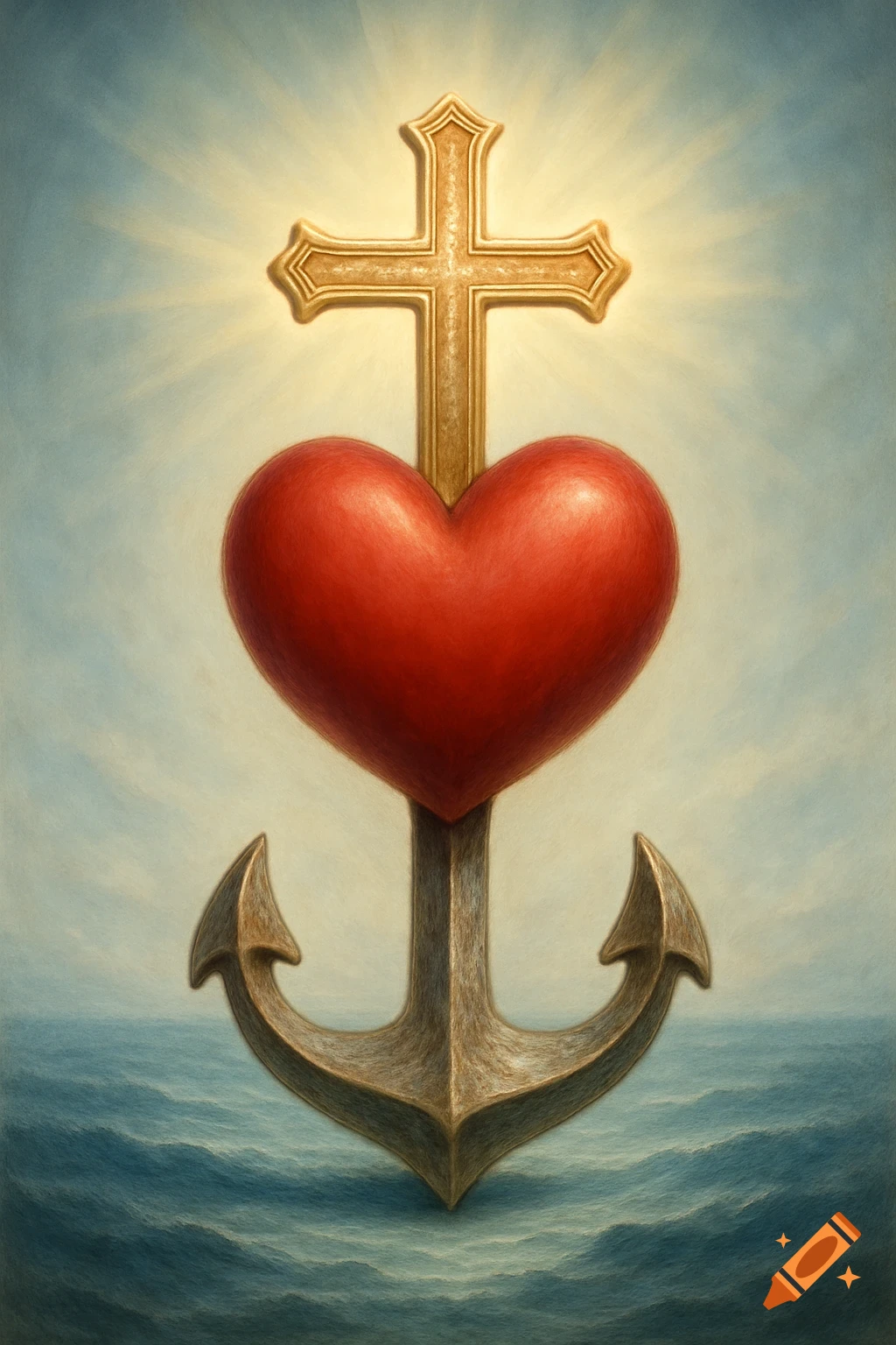 A golden Christian cross atop a red heart, which rests on an anchor, set against a bright sky and ocean.