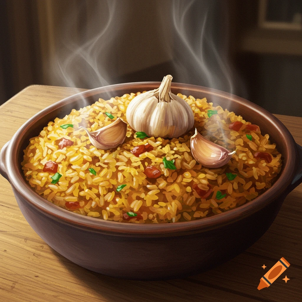 A steaming bowl of yellowish rice with whole garlic cloves and chopped red peppers and green herbs, on a wooden table.