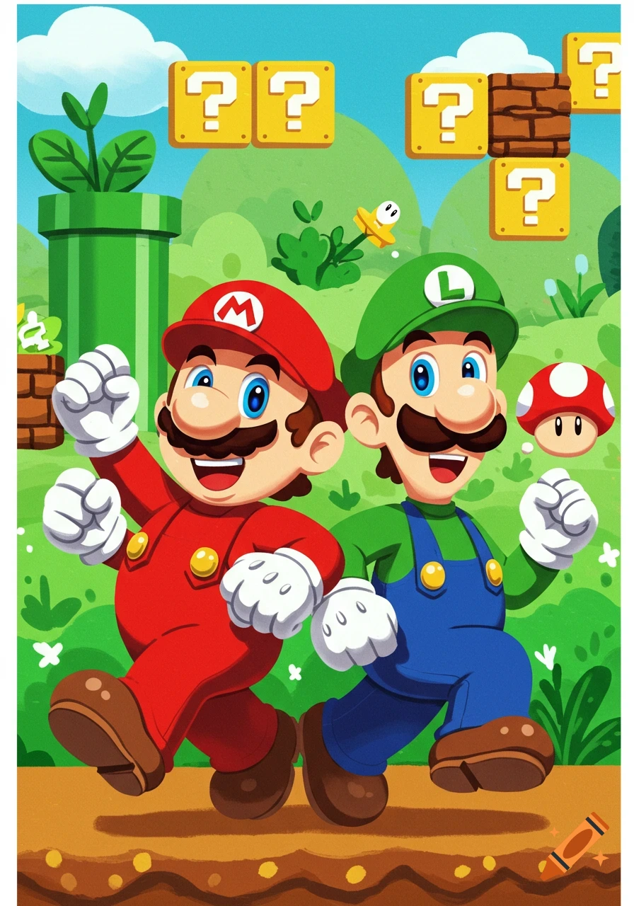 Cartoon illustration of Mario and Luigi running through a green landscape with question mark blocks.