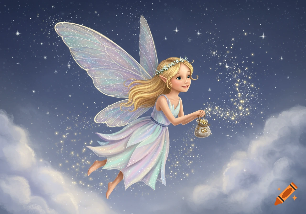 A friendly blonde fairy with translucent wings flies through a starry night sky, scattering golden glitter from a small pouch.