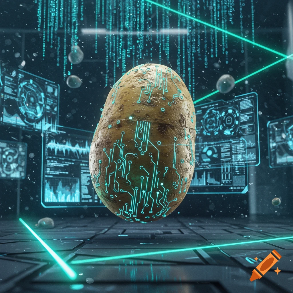 A potato with glowing blue circuit board patterns on its skin floats in a dark, futuristic room with holographic screens displaying data and neon laser lines.