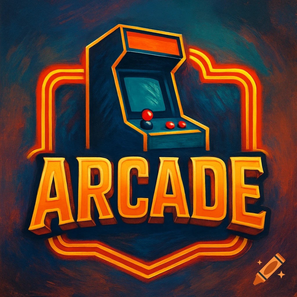 A retro-styled logo featuring a classic arcade cabinet above the word "ARCADE" in orange and yellow, all outlined with neon-like glowing stripes on a dark, painterly background.