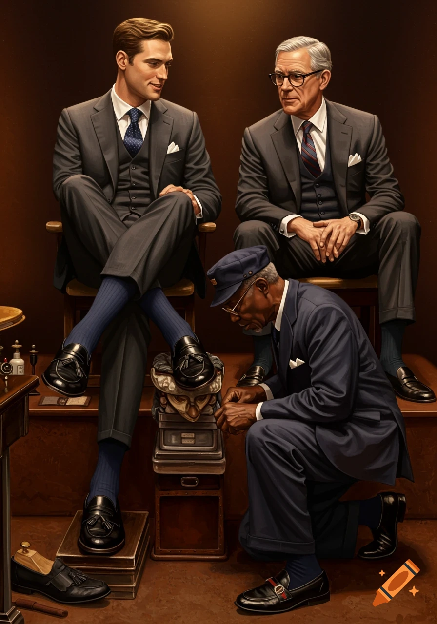 Two well-dressed men sit while a man kneels, shining their shoes in a formal, photorealistic setting.