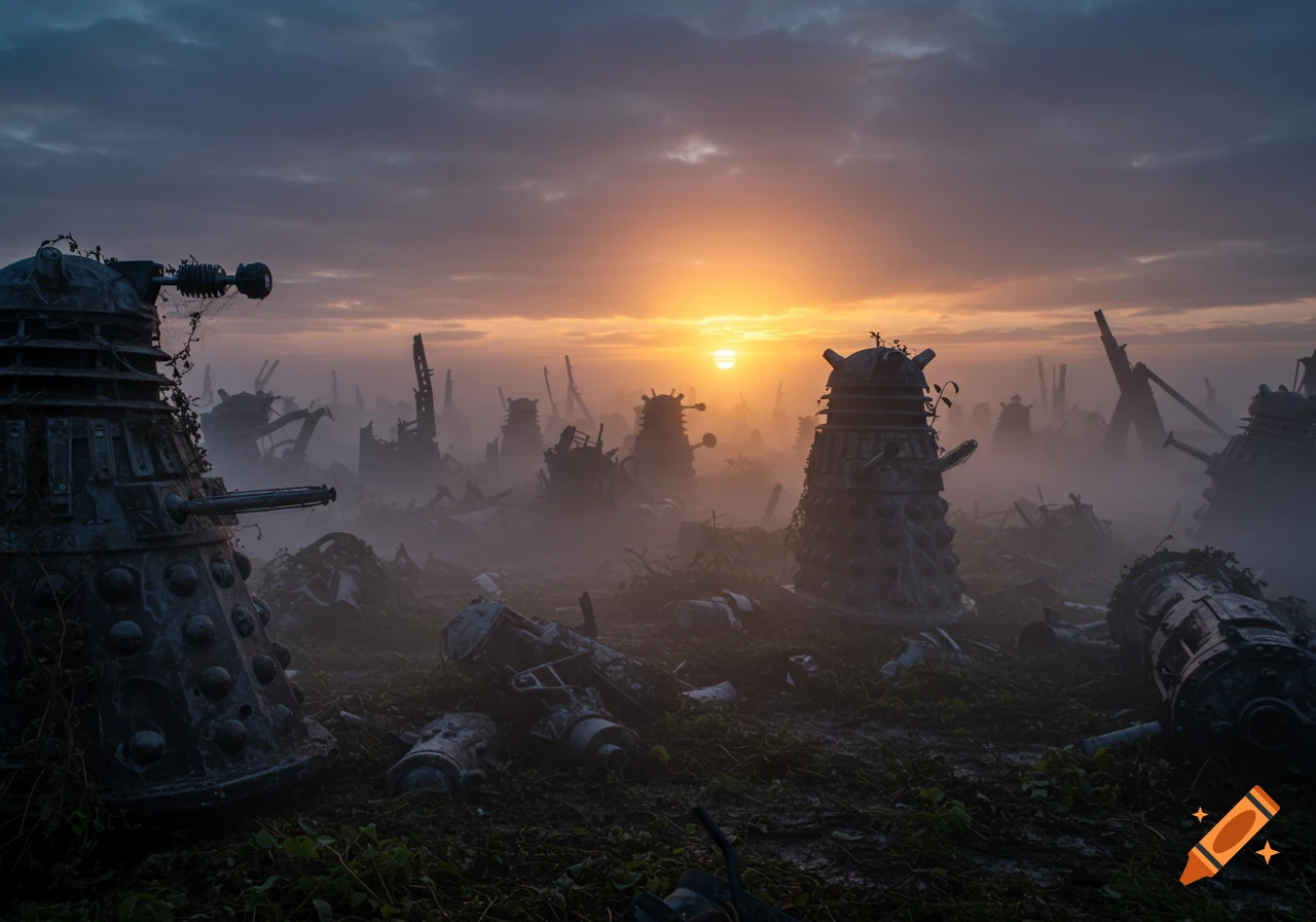 Ruined Dalek war machines litter a misty, post-apocalyptic battlefield at sunset, overgrown with vegetation.